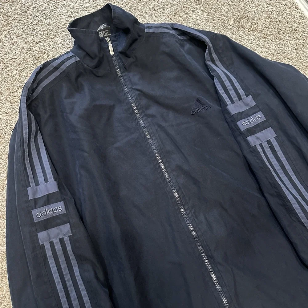 Vintage Adidas Mens Overcoat Track Jacket XL Dark Blue Preowned 90s Embroidered